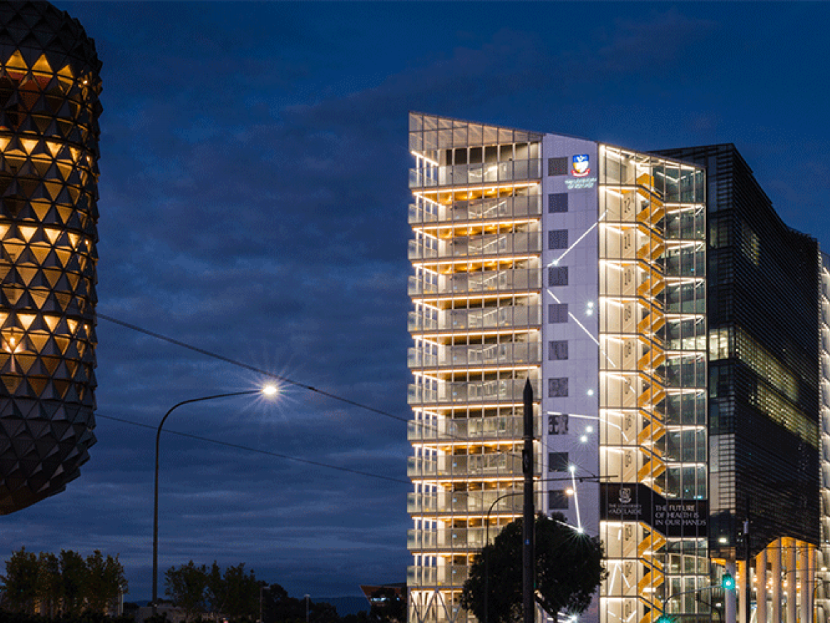 SAHMRI building at night